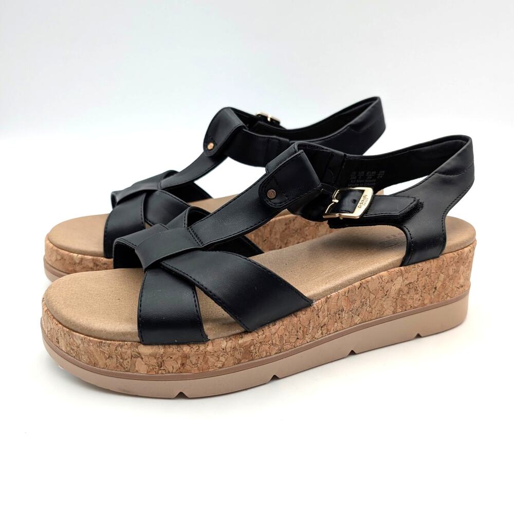 Dr. Scholl's Once Again T-Strap Wedge Sandals Women's Black Size US7.5M EU38
